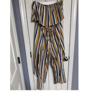 Fashion Nova Blue and Tan Striped Jumpsuit